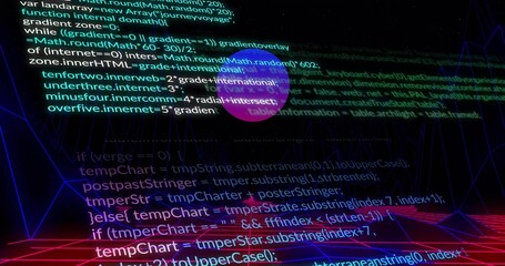 Displaying multicolored code snippets scrolling across cyberspace grid, with hovering purple sphere