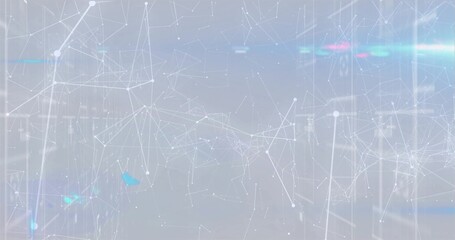 Displaying network over grey field with nodes and lines, glowing dots, vertical bars, neon streaks