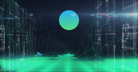 Standing human figure navigating neon grid in virtual realm with glowing orb, translucent towers