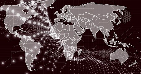 Displaying world map outline over burgundy screen, showing glowing data nodes, hex grid and lines