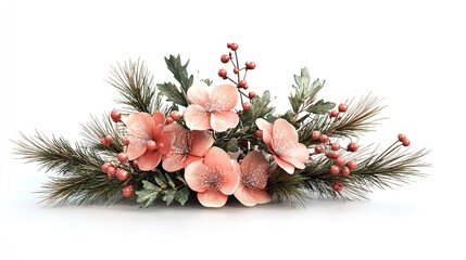 Christmas wreath with vibrant cherry blossoms and fir tree branches on a white background