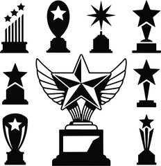 Star Shaped Trophy Silhouette Icon Vector Set Victory Award and Achievement Trophy Silhouette Collection