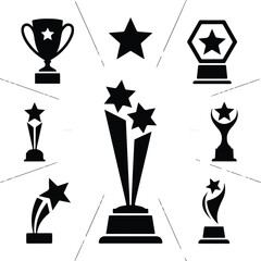 Star Shaped Trophy Silhouette Icon Vector Set Victory Award and Achievement Trophy Silhouette Collection