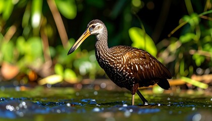 Bird wading in shallow water, vibrant colors