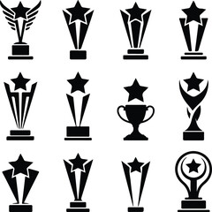 Star Shaped Trophy Silhouette Icon Vector Set Victory Award and Achievement Trophy Silhouette Collection