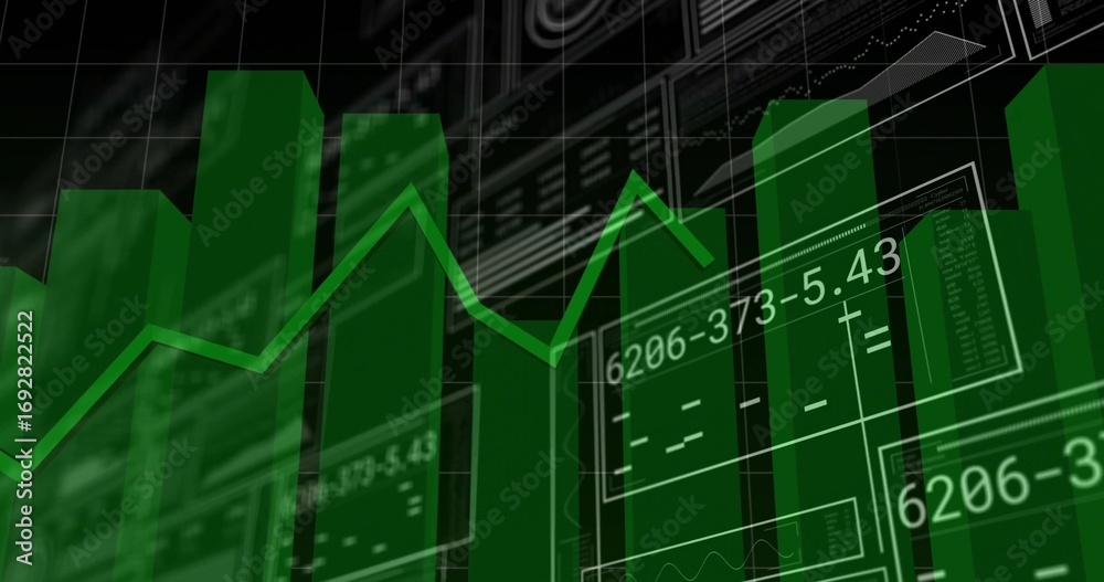 Wall mural showing green 3d bar chart overlaying line graph on dashboard with gridlines, panels and readouts