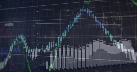 Displaying chart on screen, with green blue line graphs 3D bar chart value labels and waveforms