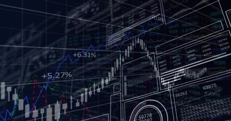 Displaying trading dashboard on screen showing candlestick charts, neon lines and percentage labels