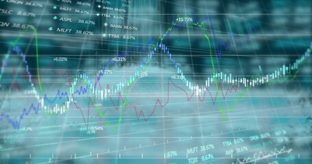 Showing candlestick chart and colored line graphs on trading panel, with percent labels and tickers