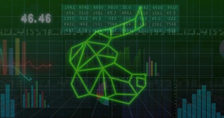 Displaying neon green bull symbol hovering over grid floor, with tickers, bar charts, line graphs