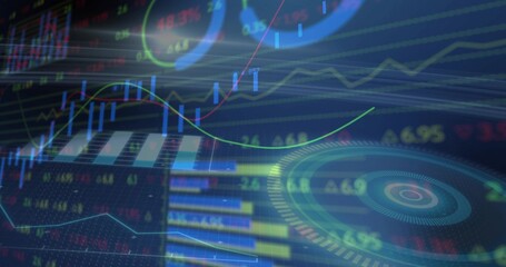 Overlaying trading UI showing candlesticks, line charts, bar charts, radial gauges, numeric labels