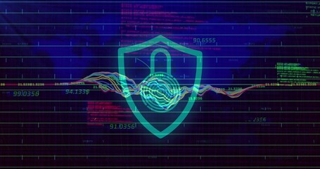 Central shield icon flashing over blue data grid, with padlock, waveforms and numeric values