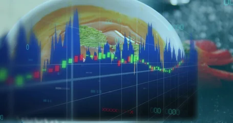 Fotobehang Aroma Presenting ceramic bowl holding broth and leaf garnish on countertop, with financial chart overlay  © vectorfusionart