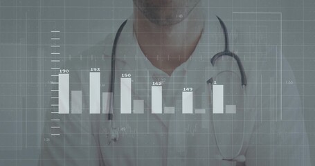 Displaying bar chart interface with grid lines overlaying doctor wearing coat stethoscope in clinic