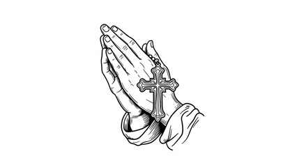 Praying Hands Holding Christian Cross Black and White Line Art Minimalist Religious Illustration