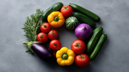 Organic lifestyle branding with fruit and veggies arranged in circle on gray background for healthy eating concept