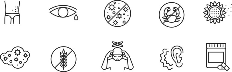 Allergic Item line Icon Set .  Disease, symptom, reaction, rash, hives, asthma, eczema, gluten, nut, milk, egg, wheat, dairy, seafood . Vector Illustration	
