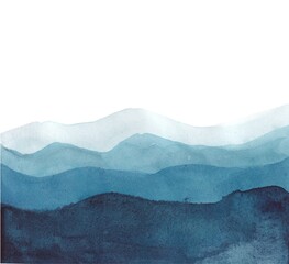 Abstract background banner of blue mountains in watercolor on a white background