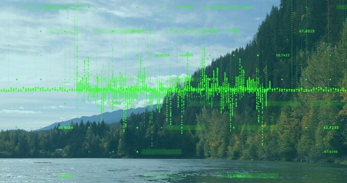 Fototapeta Projecting translucent green waveform overlay across lake and mountain ridges with floating data