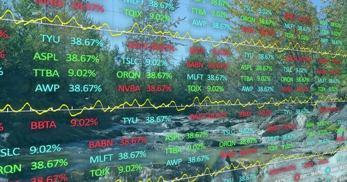 Displaying screen overlaying stock tickers with yellow line graphs on rocky river with conifers
