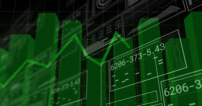 Showing green 3D bar chart overlaying line graph on dashboard with gridlines, panels and readouts