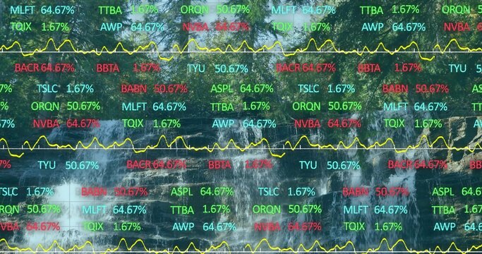 Projecting waterfall cascade streaming down mossy rock face at forested ravine, with data overlay