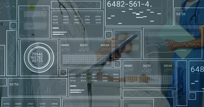 Doctors with stethoscopes reviewing on tablet and clipboard in clinic with floating panels, charts