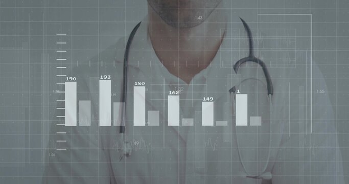 Displaying bar chart interface with grid lines overlaying doctor wearing coat stethoscope in clinic