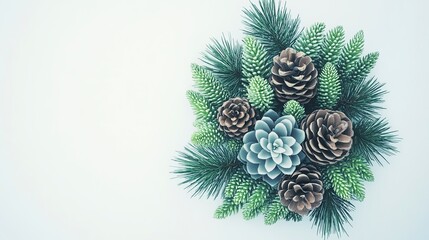 A close-up of a festive Christmas tree branch shows green pine needles and a single brown pine cone, perfectly decorated for the holiday season