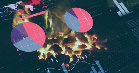 Displaying burning charcoal embers overlaying charts on screen, with pie charts and line graphs