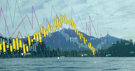 Naklejka premium Displaying yellow candlesticks hovering over mountain lake, magenta blue lines, markers, timestamps