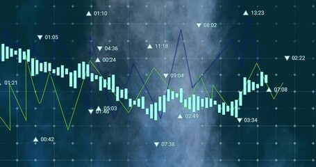 Displaying chart with candlestick bars on trading platform with green, blue lines and grid overlay