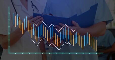 Medical staff analyzing patient data in ward with stethoscope, blue clipboard and data overlay