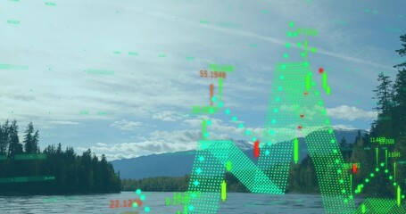 Overlaying riverscape with candlestick bars, grids and numbers over river water and mountains