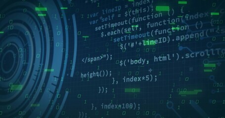 Displaying code floating over blue-green grid, with binary digits, HUD graphic and neon highlights