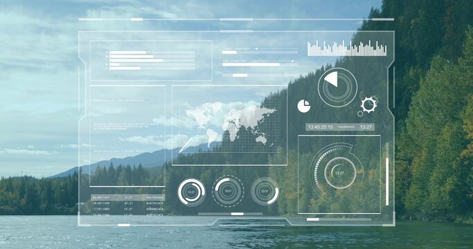 Fototapeta Displaying interface overlay over calm lake surrounded by hills, with world map, gauges and charts