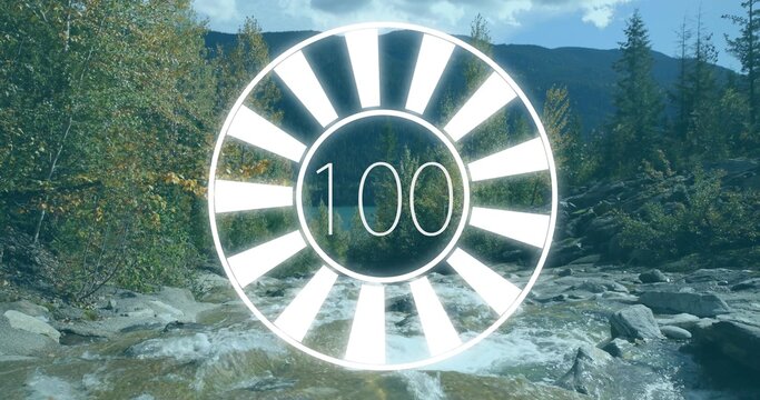 Fototapeta Superimposing circular progress graphic over creek in forested hills, with flowing water and rocks