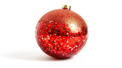 Isolated shiny red glass Christmas ball ornament on a white background for festive holiday celebration decor