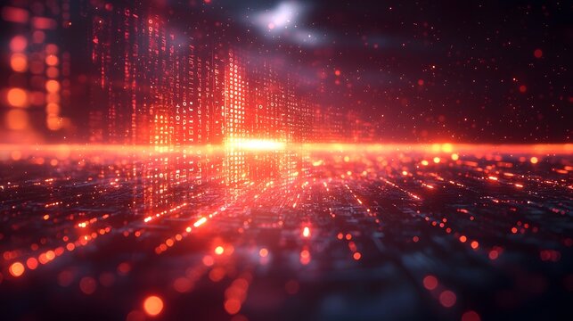 Abstract glowing digital data streams with a bright central light representing technology and information flow