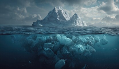 Fototapeta premium Iceberg submerged in ocean plastic waste. Dramatic split view