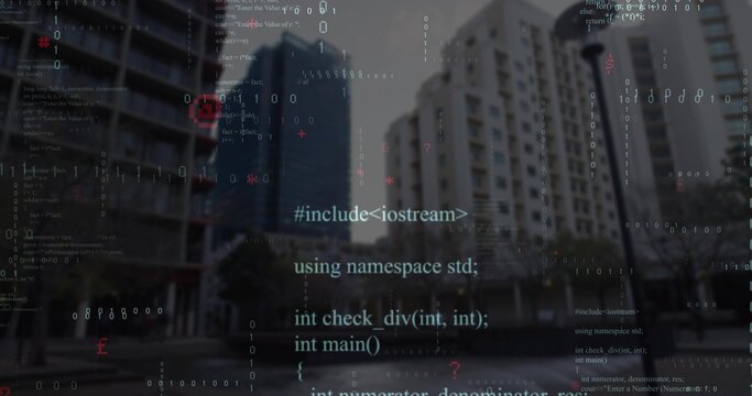 Projecting C++ code snippets onto modern towers in urban plaza, featuring street lamp and planters