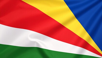 Fototapeta premium Seychelles national flag with five oblique bands of blue, yellow, red, white, and green radiating from bottom left corner, symbolizing sky, sun, unity, justice, and natural environment.