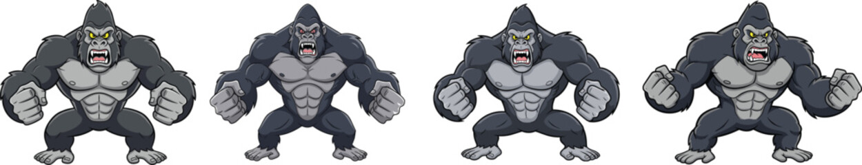 Angry cartoon gorilla in powerful fighting poses, strong muscular wild ape character illustration, aggressive stance vector, jungle animal mascot, beast fighter design