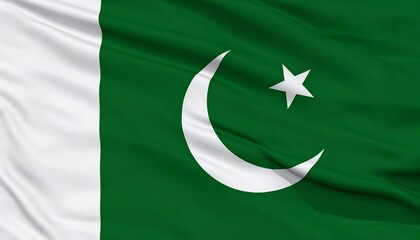 Pakistan national flag with dark green field, white vertical stripe, crescent moon, and five-pointed star, symbolizing Islamic heritage, progress, and protection of minorities.