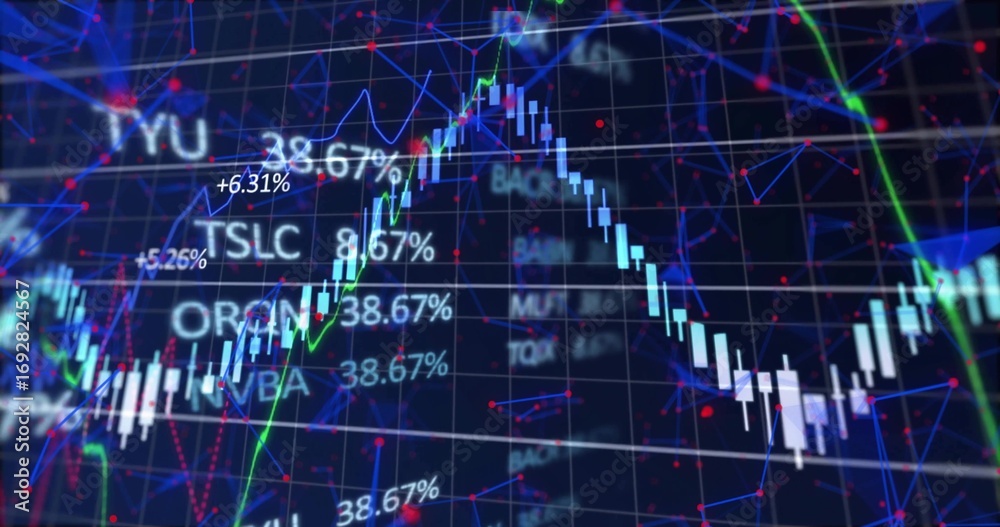 Wall mural showing candlestick, line graphs with %, ticker labels on trading screen grid, network node overlay