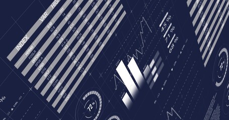 Presenting finance dashboard on dark UI, showing index table, 3D bars, graphs, gauges, grid overlay