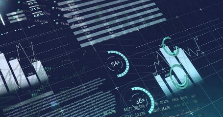 Displaying data dashboard showing bar or line charts, gauges indicating 54%, 46%, tables on screen