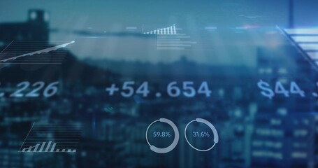 Displaying financial dashboard overlay over dusk skyline, with translucent charts and metrics