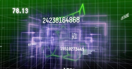 Displaying purple wireframe mesh on green grid plane showing floating white numbers and line graphs