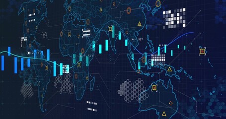 Displaying world map on dashboard screen, with candlestick bars, trend lines and hexagon clusters